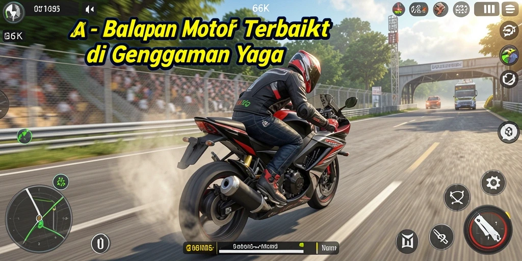 Screenshot gameplay 66K yang menunjukkan aksi balapan motor yang mendebarkan.