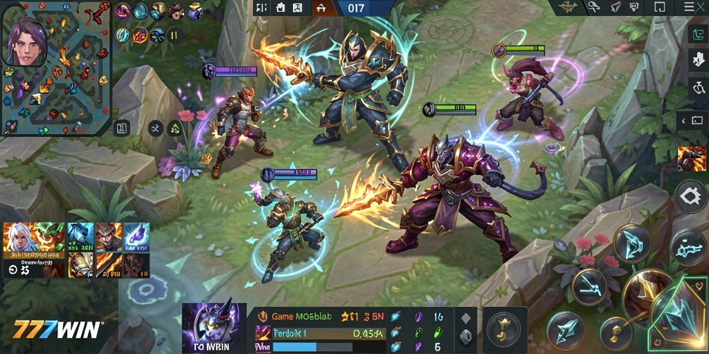Screenshot gameplay 777WIN menampilkan aksi seru di arena pertempuran MOBA.