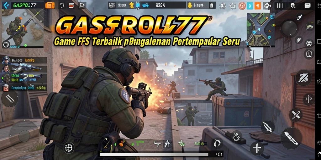 Screenshot GASPOL77 menampilkan aksi pertempuran intens di medan perang FPS.