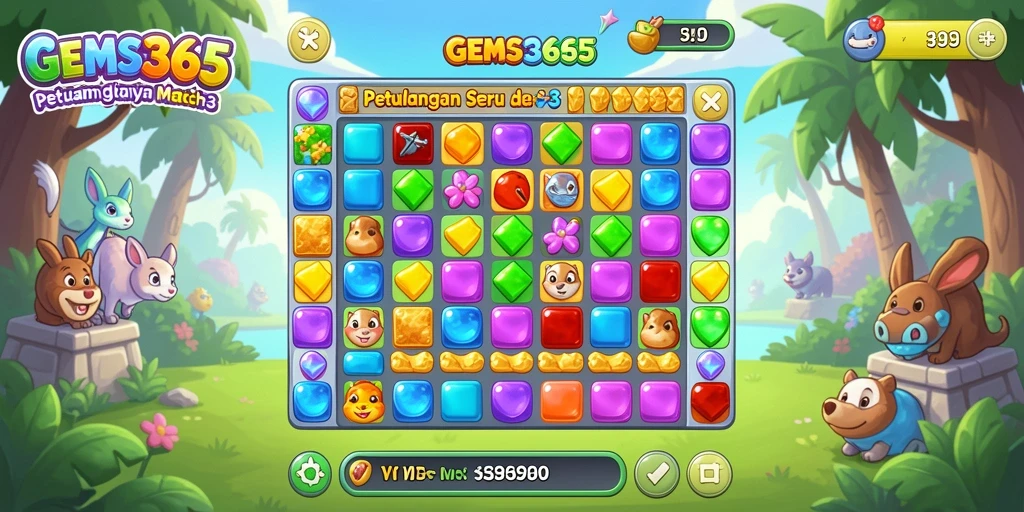 Screenshot menunjukkan gameplay GEMS365 yang seru dan penuh warna.