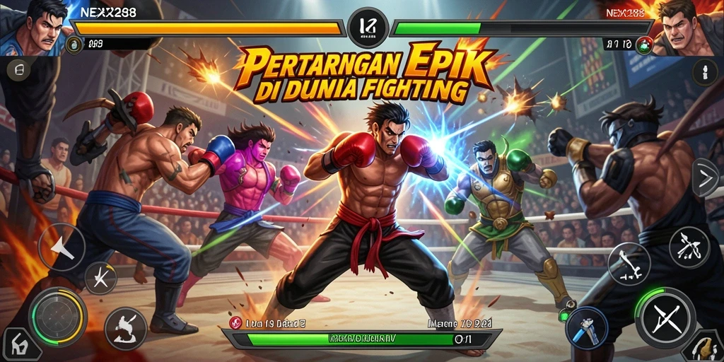 Screenshot NEX288 menunjukkan pertarungan seru dengan karakter yang beraksi.