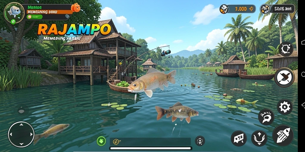 Gameplay RAJAMPO yang menampilkan keseruan memancing ikan.