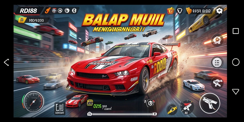 Screenshot gameplay RDI88 dengan mobil balap yang melaju kencang di lintasan.