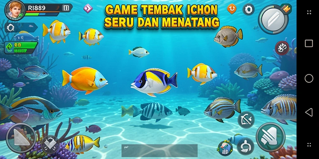 Tampilan menarik gameplay RI889 dengan ikan berwarna-warni.