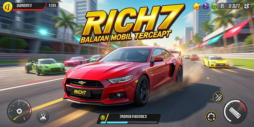 Screenshot gameplay RICH7 menampilkan aksi balapan yang mendebarkan.