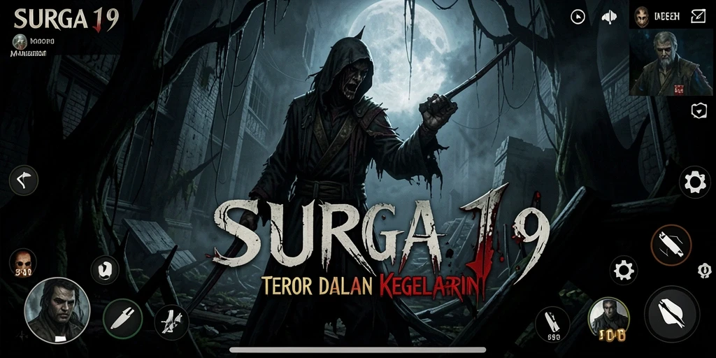 Screenshot gameplay SURGA19 menampilkan suasana gelap dan mencekam.