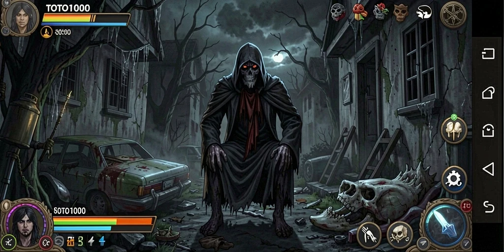 Screenshot gameplay TOTO1000 menampilkan suasana menyeramkan dengan makhluk yang mengintai.